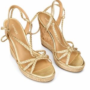 Express Metallic Gold Braided Cork Wedge Sandals